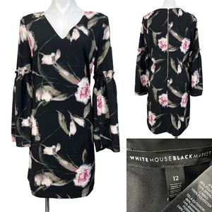 White House Black Market Floral Sheath Bell Sleeves Dress Sz 12